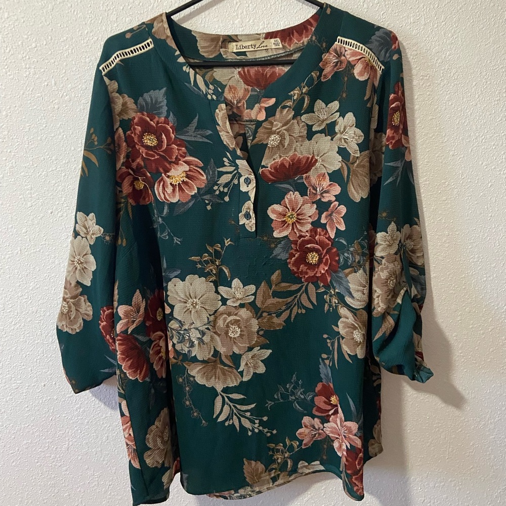 Teal floral plus size blouse